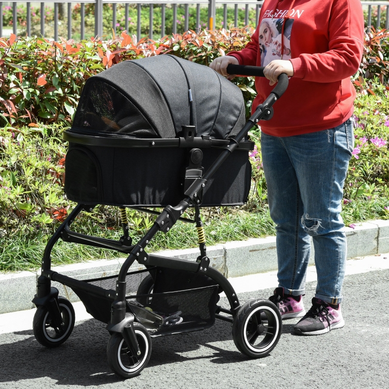 PawHut Detachable Pet Stroller Foldable 2-In-1 Jogging Stroller Carrying Bag with Universal Wheel Brake Canopy Black