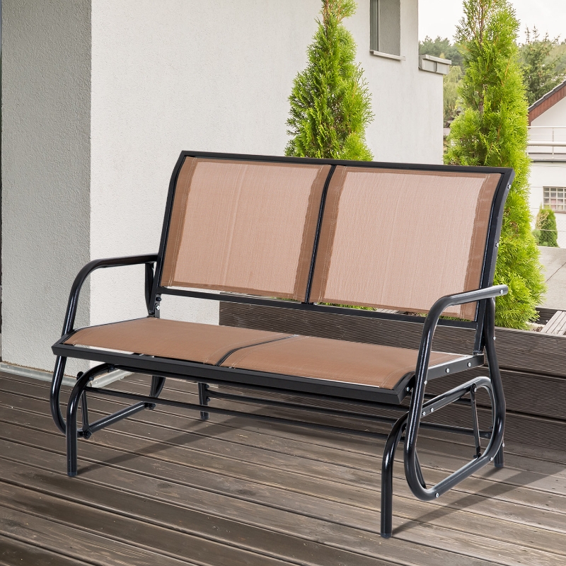 Outsunny Patio Double Glider Outdoor Steel Sling Fabric Rocking Bench Garden Swing Chair Heavy-Duty Porch Rocker Garden Loveseat Coffee Brown