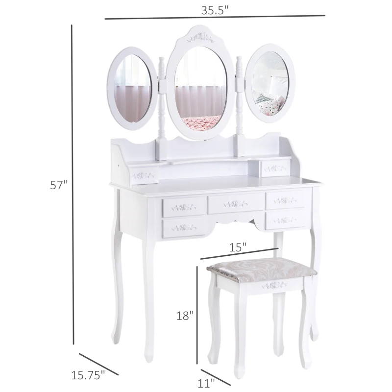 HOMCOM Makeup Dressing Table Vanity Set with Tri-Folding Mirror, 7 Drawers, Cushioned Stool