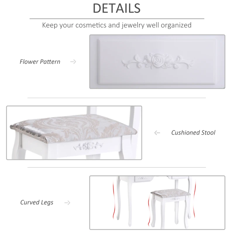 HOMCOM Makeup Dressing Table Vanity Set with Tri-Folding Mirror, 7 Drawers, Cushioned Stool