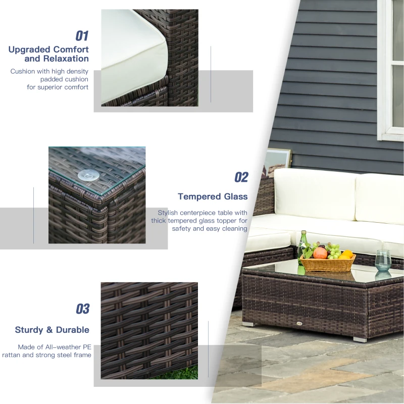 Outsunny 5PC Outdoor Modular Rattan Wicker Sofa Set Aluminum Frame Garden Sectional Patio Furniture with Table, Brown