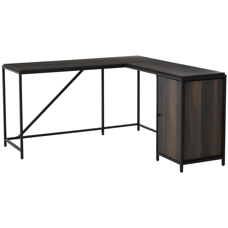 HOMCOM L-Shaped Computer Corner Desk with Storage Cabinet, Adjustable Shelf, Large Tabletop and Black Steel Frame, Brown