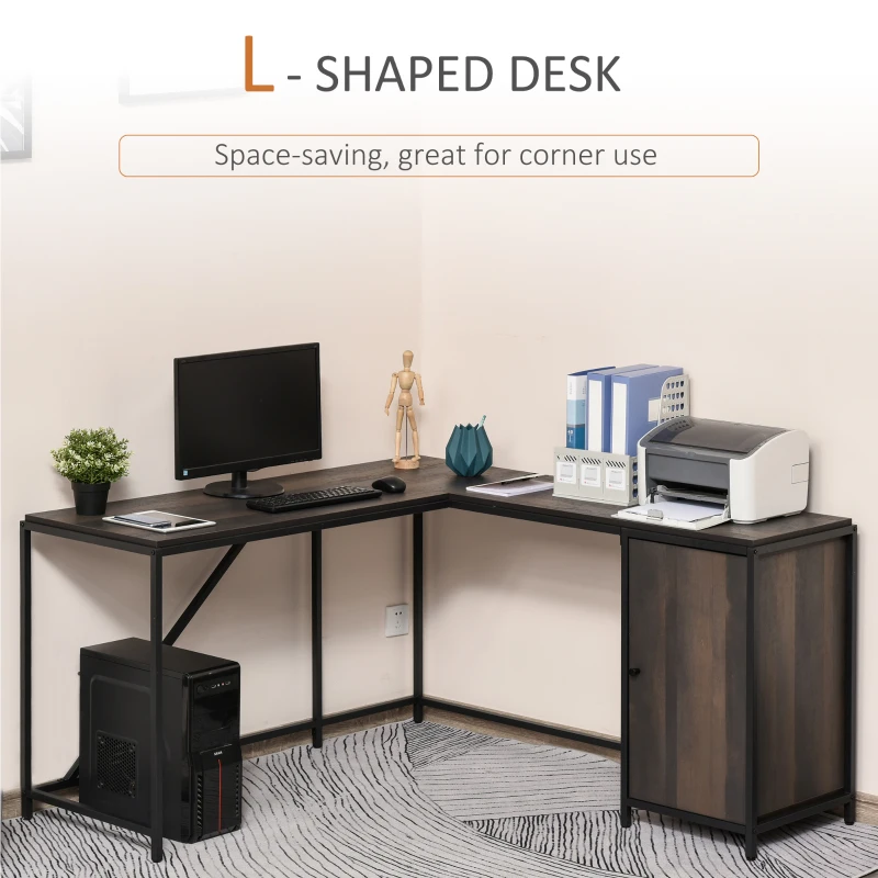 HOMCOM L-Shaped Computer Corner Desk with Storage Cabinet, Adjustable Shelf, Large Tabletop and Black Steel Frame, Brown