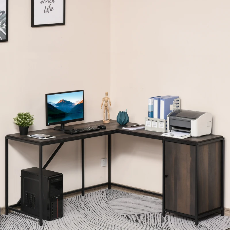 HOMCOM L-Shaped Computer Corner Desk with Storage Cabinet, Adjustable Shelf, Large Tabletop and Black Steel Frame, Brown