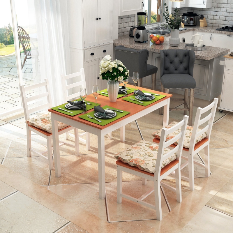 HOMCOM 5 Piece Solid Pine Wood Table and High Back Chair Dining Set - White/Natural Wood