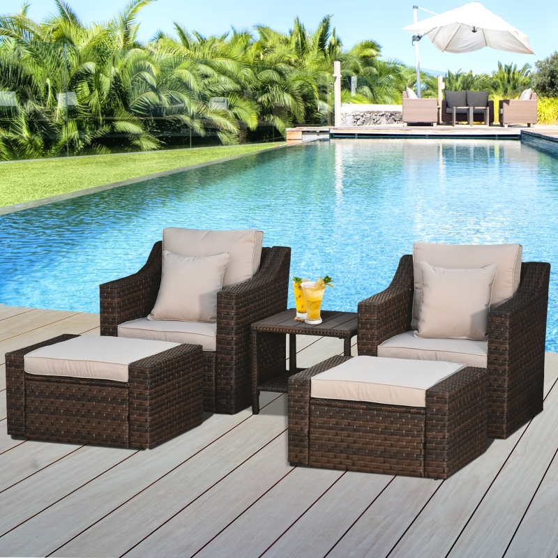 Outsunny 5-Piece Outdoor Rattan Wicker Conversation Set Patio Furniture with 2 Cushioned Chairs, 2 Ottomans and Coffee Table, Replacement Cushion Cover Included, Beige