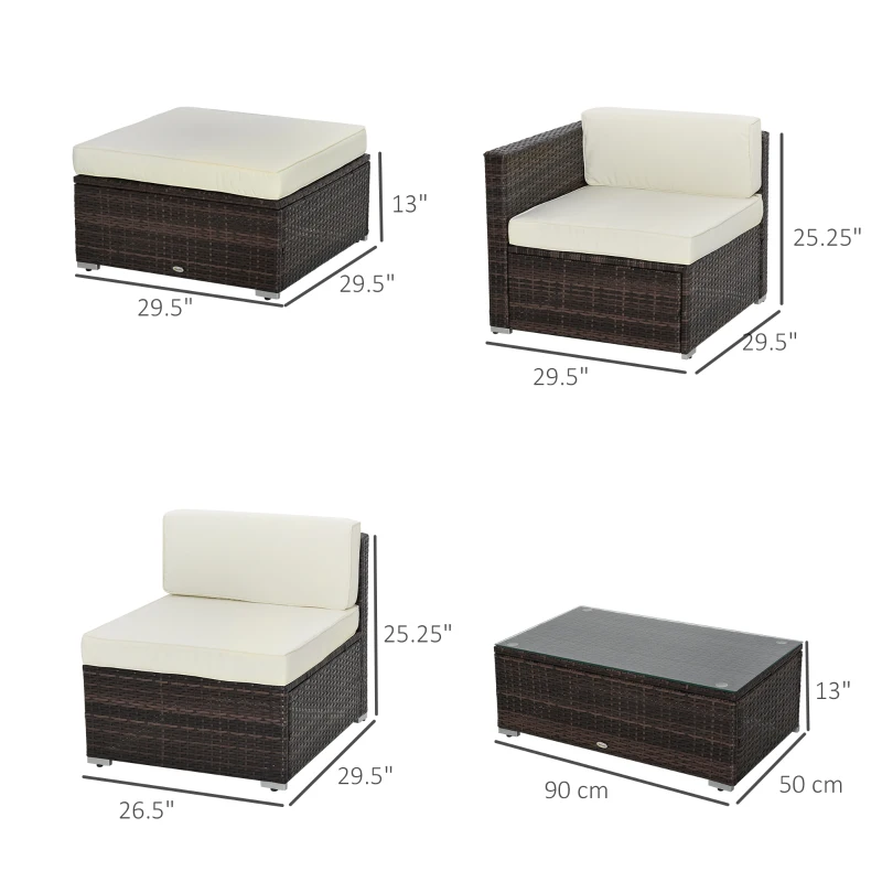Outsunny 5PC Outdoor Modular Rattan Wicker Sofa Set Aluminum Frame Garden Sectional Patio Furniture with Table, Brown