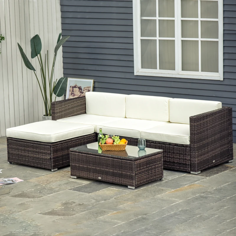 Outsunny 5PC Outdoor Modular Rattan Wicker Sofa Set Aluminum Frame Garden Sectional Patio Furniture with Table, Brown