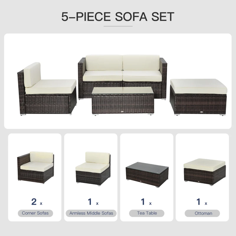 Outsunny 5PC Outdoor Modular Rattan Wicker Sofa Set Aluminum Frame Garden Sectional Patio Furniture with Table, Brown