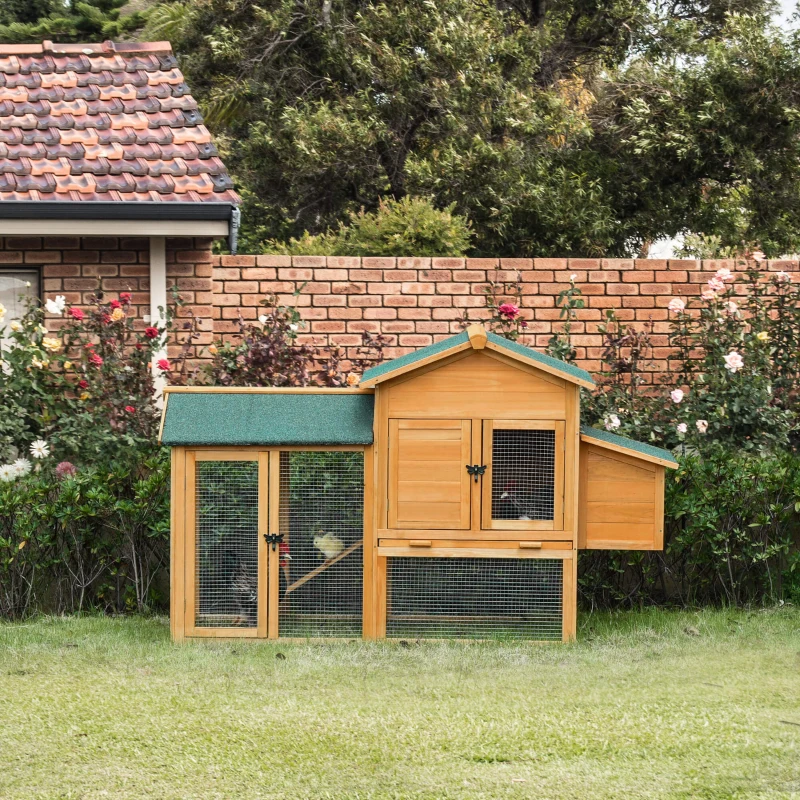 PawHut Wooden Outdoor Hen House Large Chicken Coop w/ Removable Tray, Nesting Box, Ramp