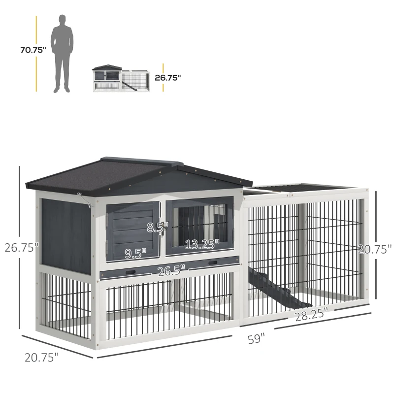 PawHut Rabbit Hutch Metal Bunny Cage, Wire and Easy Clean Tray with 2 House Levels and Patio Space  59" L x 20.75" W x 26.75" H