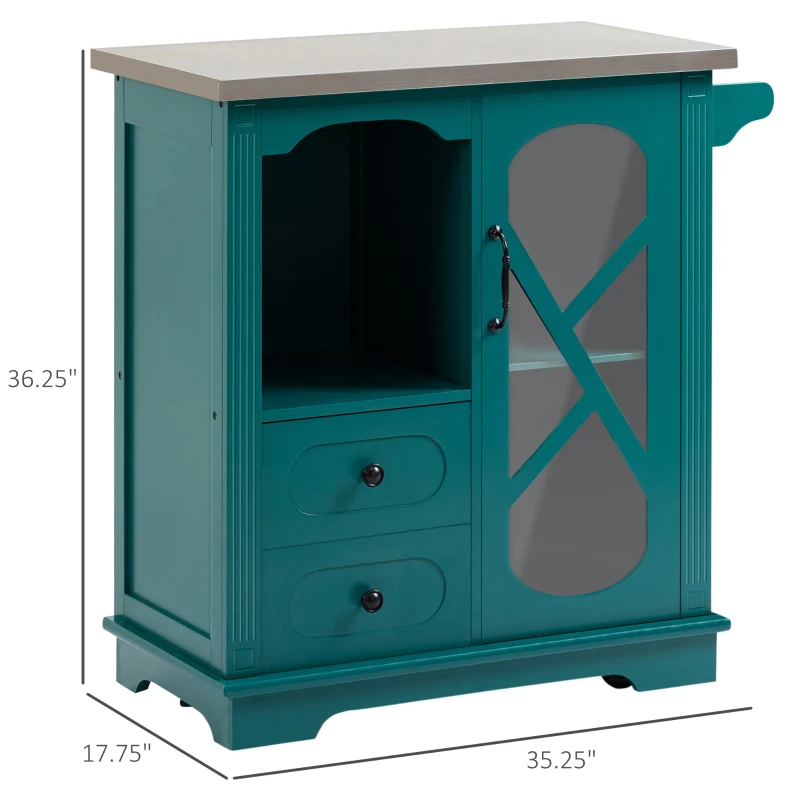 HOMCOM Rolling Kitchen Island Storage Cart, Kitchen Cabinet with Stainless Steel Top, Glass Door & Drawers for Kitchen, Green