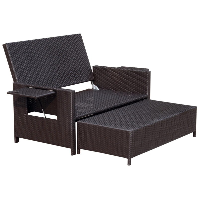 Outsunny 2pc Rattan Chaise Lounge and Ottoman Set Cushioned Wicker Double Seat Bench Chair Outdoor Daybed Loveseat w/ Adjustable Back & Foldable Drink Holder