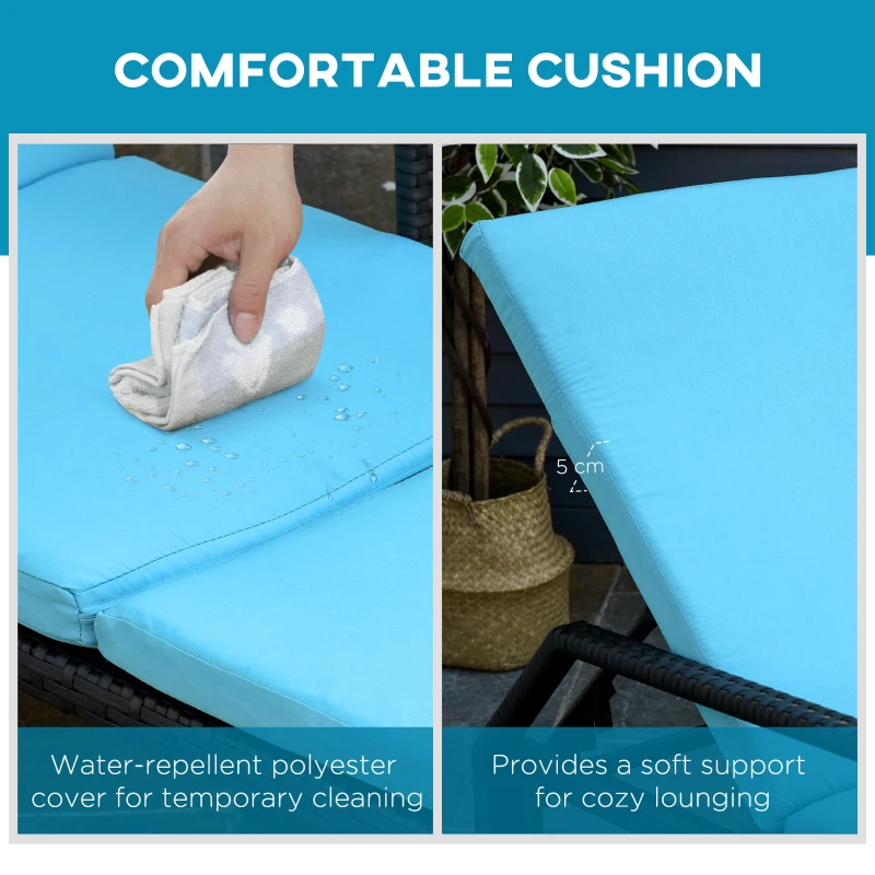 Outsunny Wicker Chaise Lounger PE Rattan Outdoor Lounge Chair Garden Chair Recliner with 5-Level Adjustable Backrest and 2 Wheels, Sky Blue