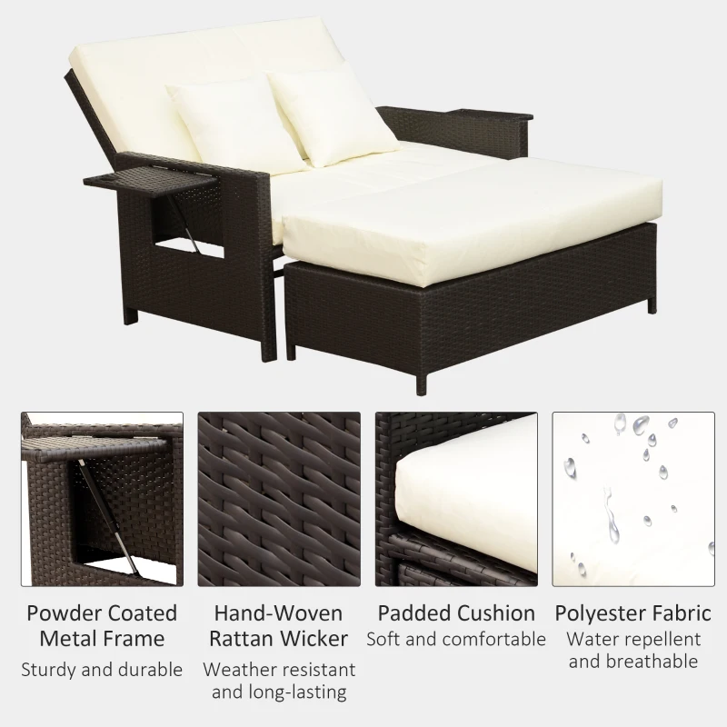 Outsunny 2pc Rattan Chaise Lounge and Ottoman Set Cushioned Wicker Double Seat Bench Chair Outdoor Daybed Loveseat w/ Adjustable Back & Foldable Drink Holder