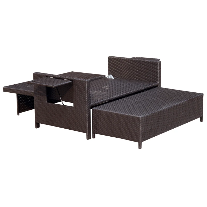 Outsunny 2pc Rattan Chaise Lounge and Ottoman Set Cushioned Wicker Double Seat Bench Chair Outdoor Daybed Loveseat w/ Adjustable Back & Foldable Drink Holder
