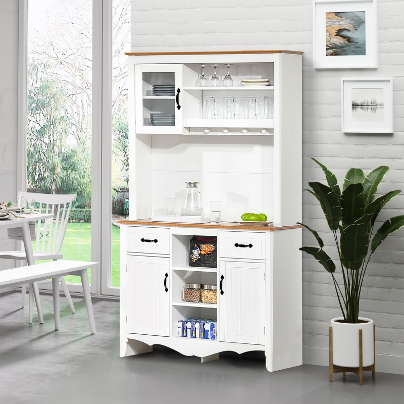 HOMCOM 71" Kitchen Buffet with Hutch, Farmhouse Style Storage Cupboard with Utility Drawer, 3 Door Cabinets and 5-tier Shelves, White
