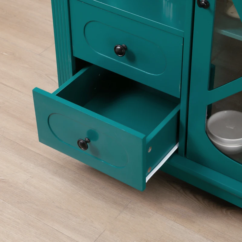 HOMCOM Rolling Kitchen Island Storage Cart, Kitchen Cabinet with Stainless Steel Top, Glass Door & Drawers for Kitchen, Green