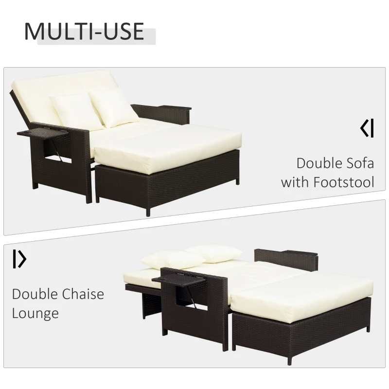 Outsunny 2pc Rattan Chaise Lounge and Ottoman Set Cushioned Wicker Double Seat Bench Chair Outdoor Daybed Loveseat w/ Adjustable Back & Foldable Drink Holder