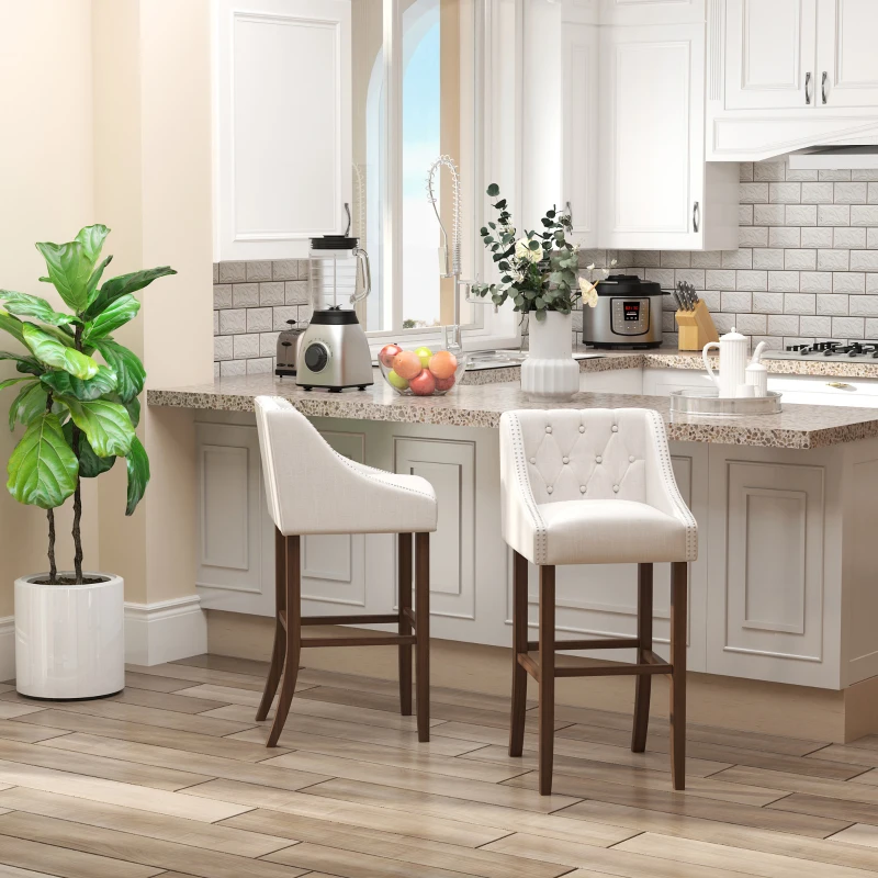 HOMCOM Modern Bar Height Bar Stools Set of 2, 30" Seat Height Bar Chair for Kitchen Living Room with Mid Back, Wood Legs, Nailhead Trim & Tufted Upholstery, Beige