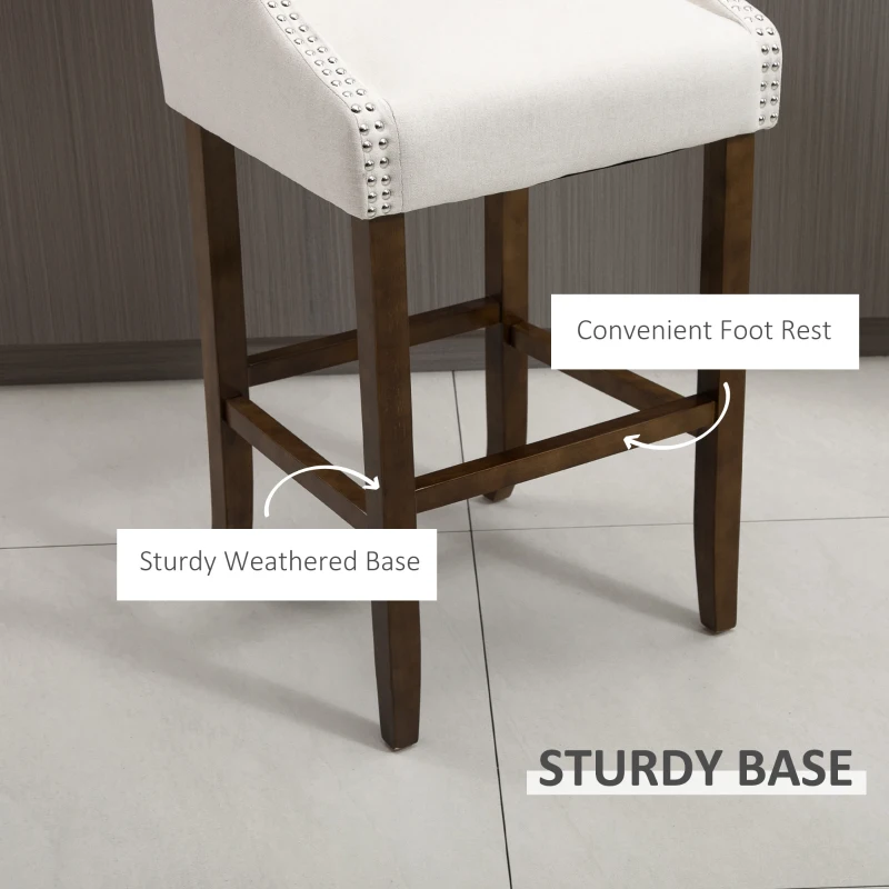 HOMCOM Modern Bar Height Bar Stools Set of 2, 30" Seat Height Bar Chair for Kitchen Living Room with Mid Back, Wood Legs, Nailhead Trim & Tufted Upholstery, Beige