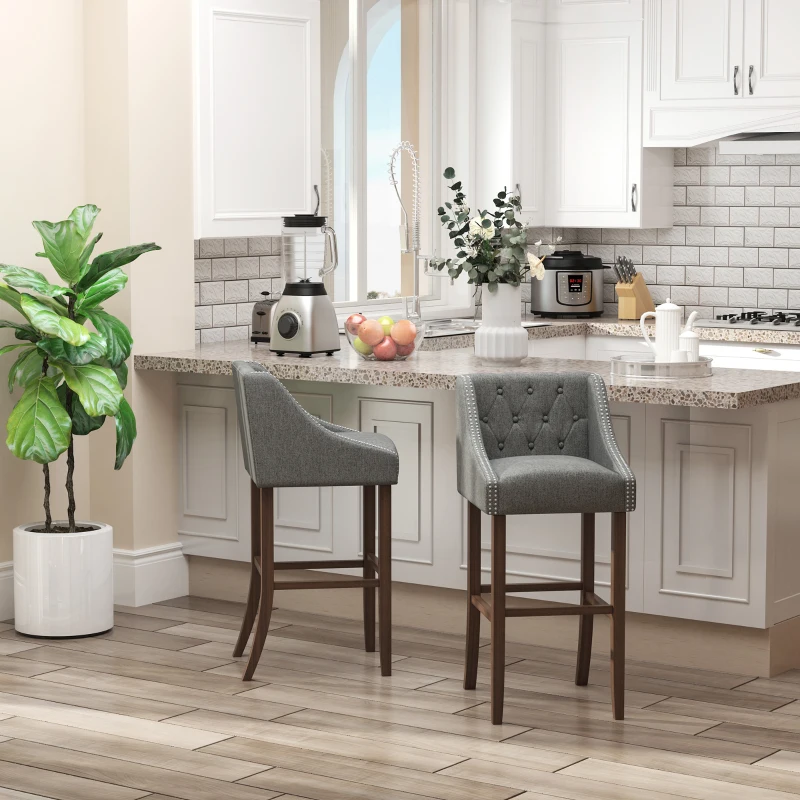HOMCOM Modern Bar Height Bar Stools Set of 2, 30" Seat Height Bar Chair for Kitchen Living Room with Mid Back, Wood Legs, Nailhead Trim & Tufted Upholstery, Dark Grey