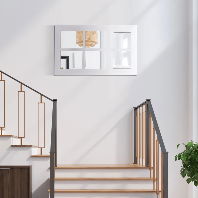 HOMCOM 40" x 24" Farmhouse Decorative Wall Mirror, Windowpane Mirror for Wall in Living Room, Bedroom, Rustic White