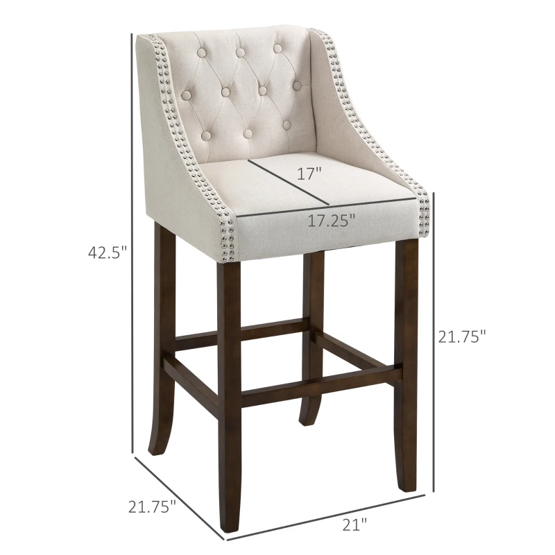 HOMCOM Modern Bar Height Bar Stools Set of 2, 30" Seat Height Bar Chair for Kitchen Living Room with Mid Back, Wood Legs, Nailhead Trim & Tufted Upholstery, Beige