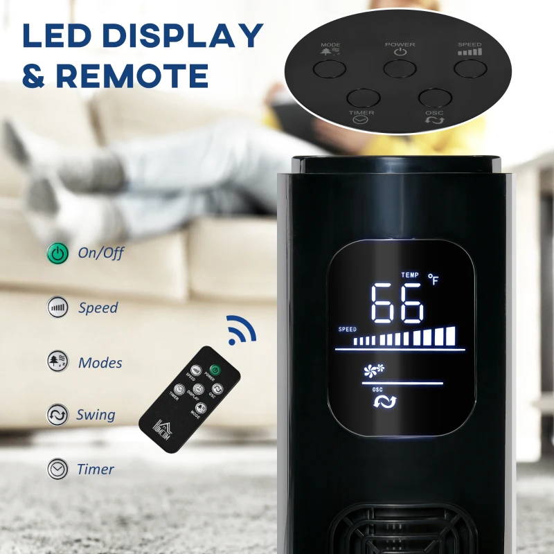 HOMCOM 38" Bedroom Tower Fan with Aroma Diffuser, 70掳 Oscillating, 3 Speeds, 12H Timer, Remote Control, Black