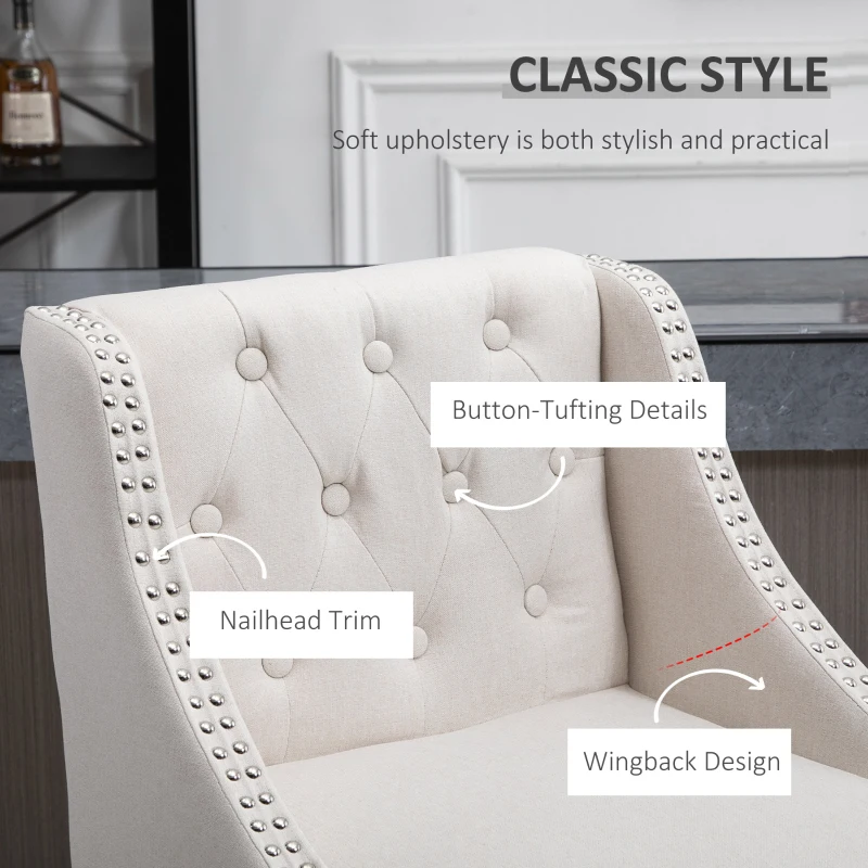HOMCOM Modern Bar Height Bar Stools Set of 2, 30" Seat Height Bar Chair for Kitchen Living Room with Mid Back, Wood Legs, Nailhead Trim & Tufted Upholstery, Beige