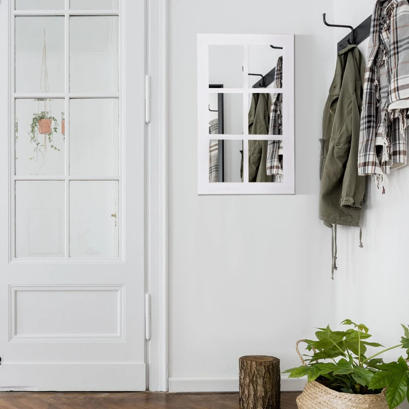 HOMCOM 40" x 24" Farmhouse Decorative Wall Mirror, Windowpane Mirror for Wall in Living Room, Bedroom, Rustic White