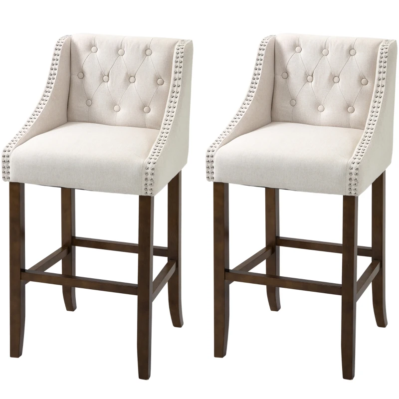 HOMCOM Modern Bar Height Bar Stools Set of 2, 30" Seat Height Bar Chair for Kitchen Living Room with Mid Back, Wood Legs, Nailhead Trim & Tufted Upholstery, Beige
