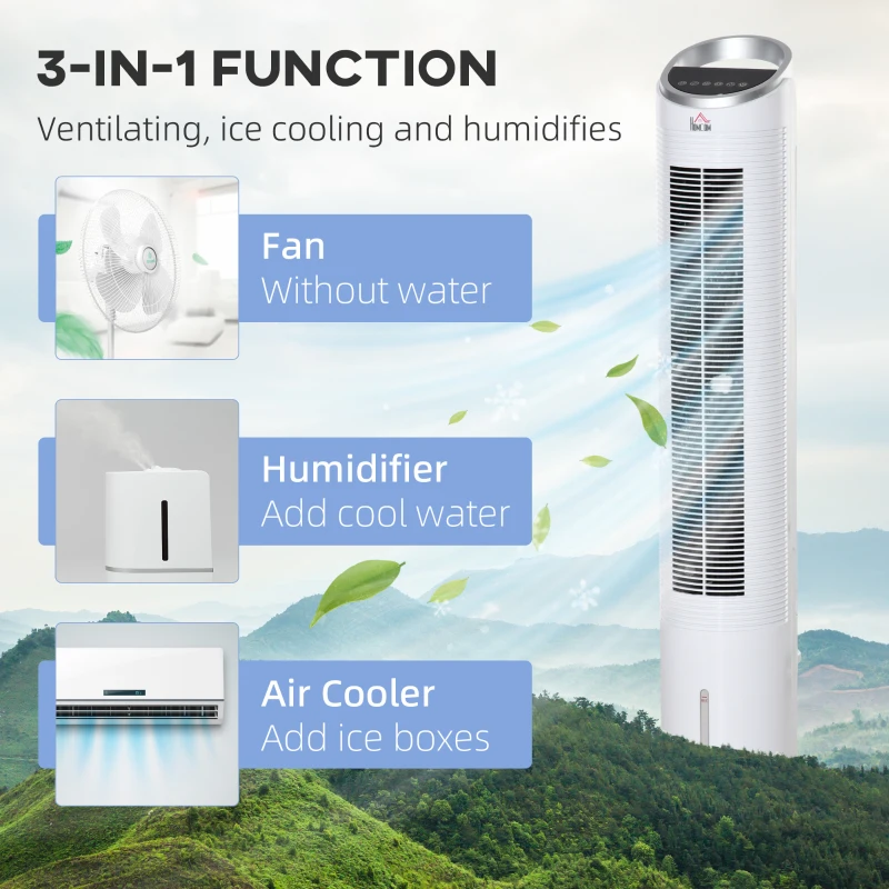 HOMCOM 40" Portable Oscillating Air Cooler Fan for Home Office, 3-In-1 Standing Ice Floor Fan with Humidifier, 3 Modes, 3 Speeds, 8H Timer, Remote, LED Display, White