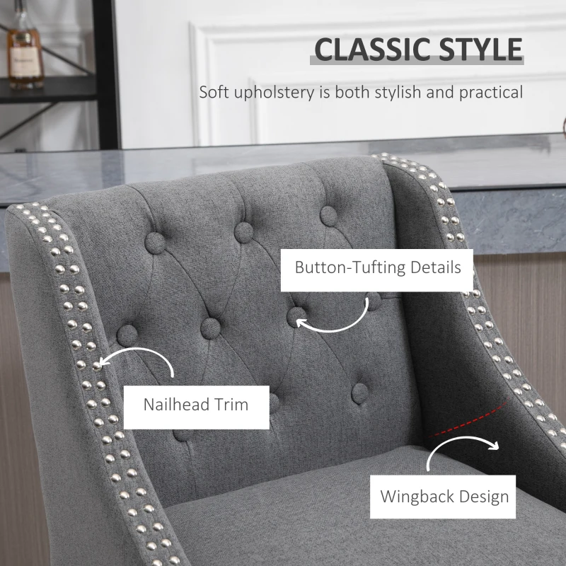 HOMCOM Modern Bar Height Bar Stools Set of 2, 30" Seat Height Bar Chair for Kitchen Living Room with Mid Back, Wood Legs, Nailhead Trim & Tufted Upholstery, Dark Grey