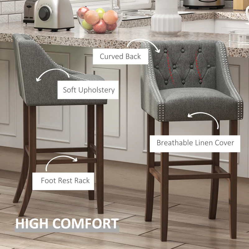 HOMCOM Modern Bar Height Bar Stools Set of 2, 30" Seat Height Bar Chair for Kitchen Living Room with Mid Back, Wood Legs, Nailhead Trim & Tufted Upholstery, Dark Grey