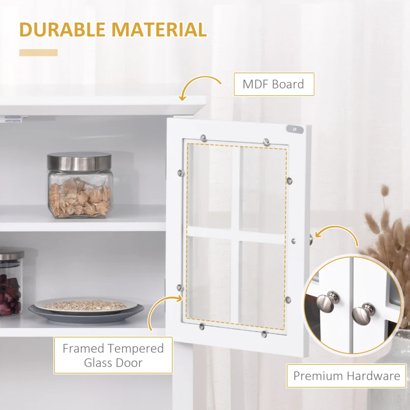 HOMCOM Kitchen Buffet Hutch Cabinet, Freestanding Kitchen Pantry Storage Cabinet Cupboard with Framed Glass Door, Drawer and Microwave Space, White