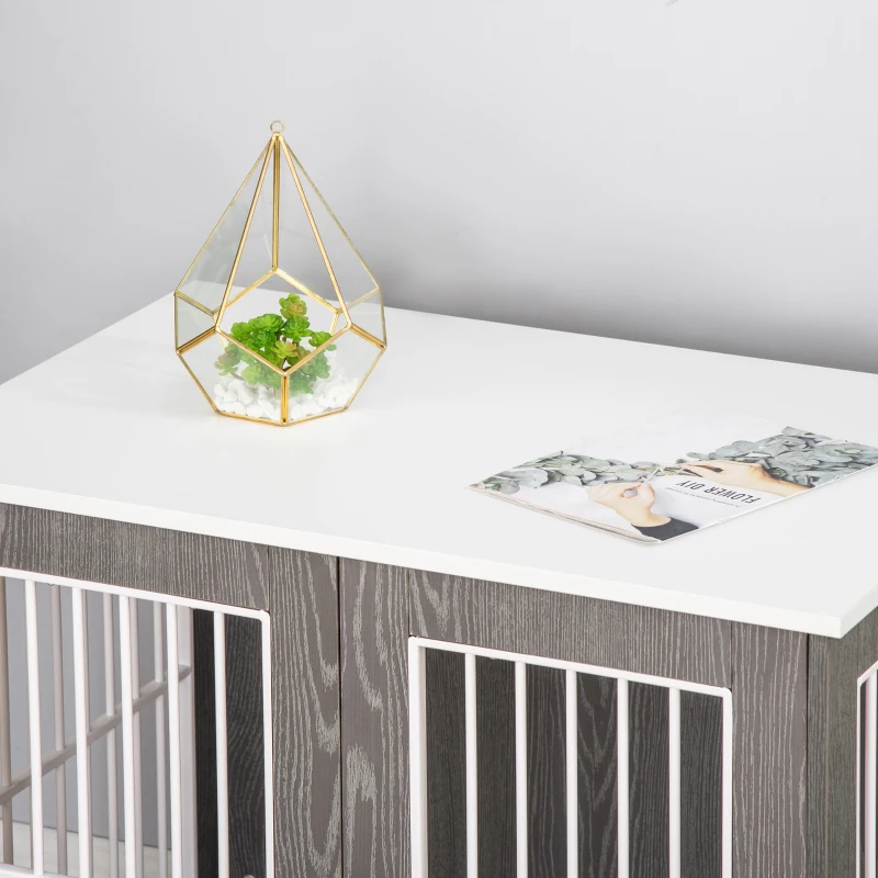 PawHut 34'' 2-in-1 Wooden Dog Kennel, Modern Wire Animal Crate, Pet Cage with Lockable Door and Adjustable Foot Pads, for Small and Medium Dogs, Grey and White