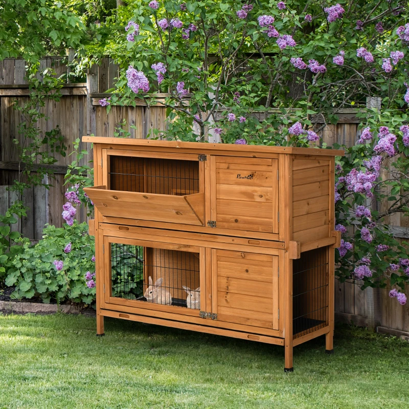 PawHut 47" 2-Story Rabbit Hutch, Wooden Bunny Cage, Guinea Pig House, with 2 Handles for Easy Movement, No Leak Tray, Openable Roof, Ramp, Feeding Shelf for Indoor/Outdoor, Orange