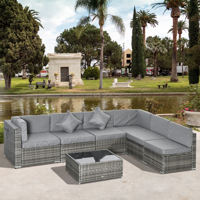 Outsunny 7pc Garden Wicker Sectional Set w/Tea Table Patio Rattan Lounge Sofa with Cushion Outdoor Deck Furniture All Weather Grey