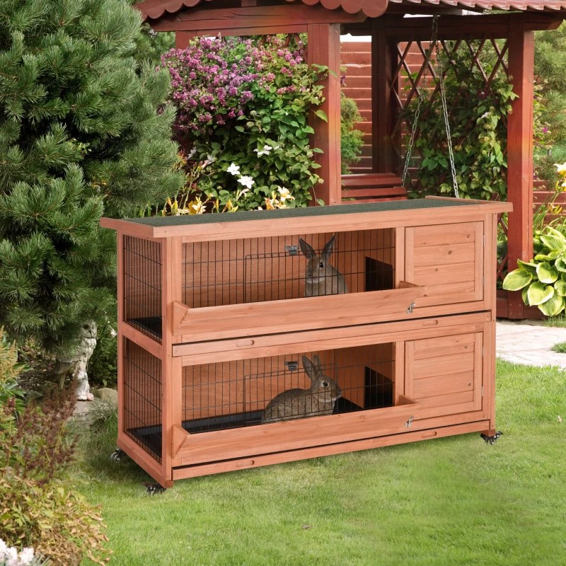 PawHut Outdoor Rabbit Hutch with Wheels, Quick on-the-Go Feeding, Wooden Rabbit Cage, Waterproof, Medium