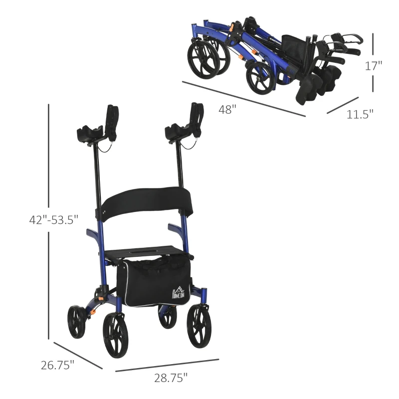 HOMCOM Aluminum Upright Walker with 10'' Wheels, Seat and Backrest, Folding Rollator Walker with Storage Bag, Blue