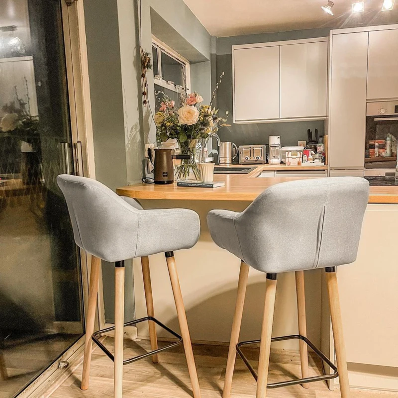 HOMCOM Modern Bar Stools Set of 2, 31.5" Barstools with Linen Fabric and Solid Wood Legs, Backrest and Footrest, Dining Room Kitchen Counter, Beige
