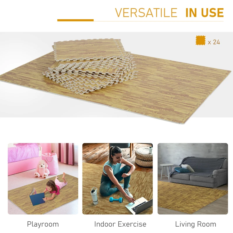 HOMCOM Soft EVA Foam Interlocking Floor Mats 96 Square Feet Exercise Workout Mat Kid Play Mat 24pcs(Light Grain Wood)