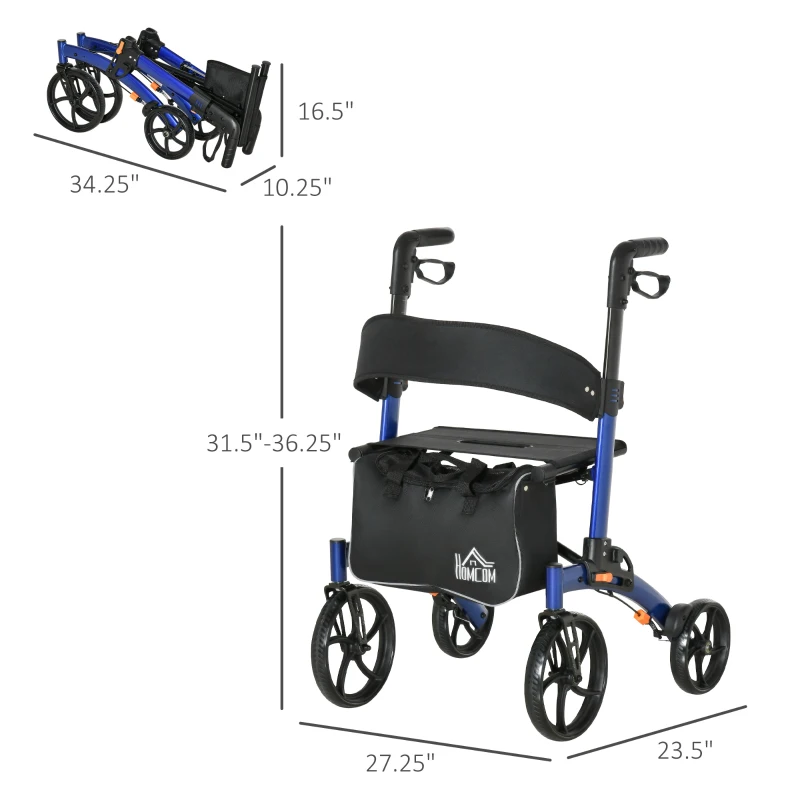 HOMCOM Rollator Walker for Seniors and Adults with 8'' Wheels, Seat, Aluminium Lightweight Folding Rolling Walker with Adjustable Handle, Storage Bag, Dual Brake, Blue