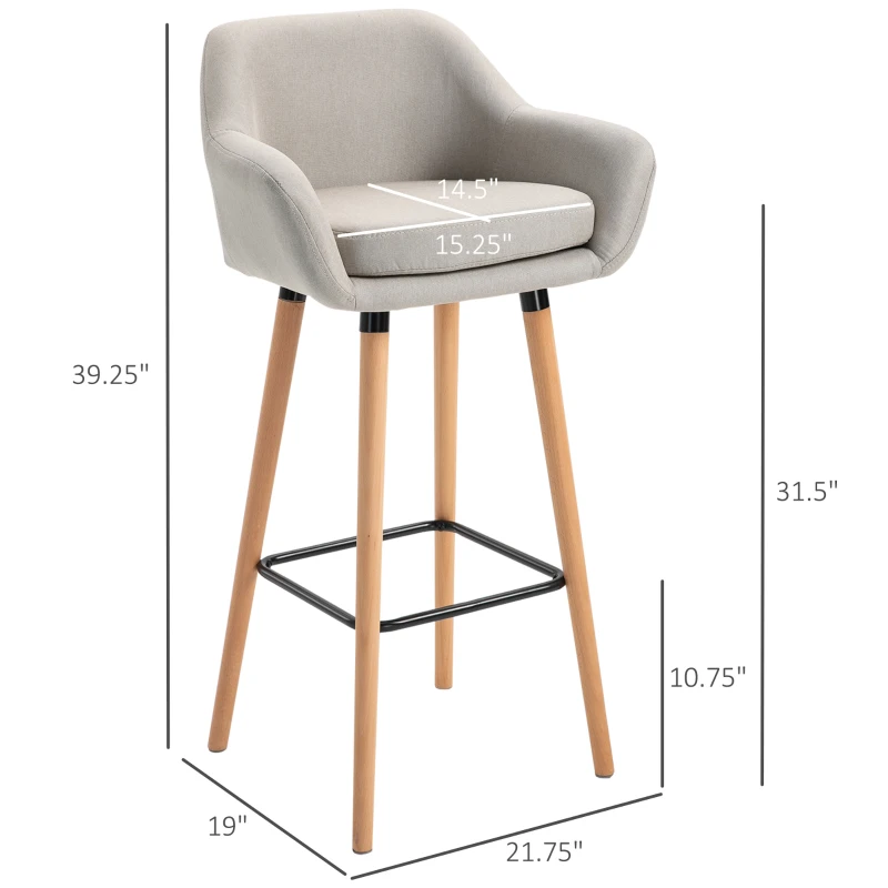 HOMCOM Modern Bar Stools Set of 2, 31.5" Barstools with Linen Fabric and Solid Wood Legs, Backrest and Footrest, Dining Room Kitchen Counter, Beige