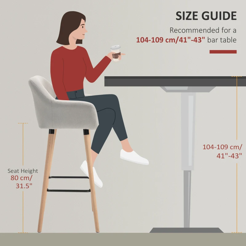 HOMCOM Modern Bar Stools Set of 2, 31.5" Barstools with Linen Fabric and Solid Wood Legs, Backrest and Footrest, Dining Room Kitchen Counter, Beige