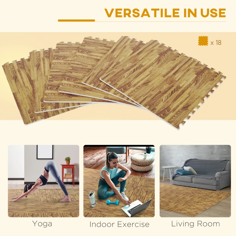 HOMCOM Soft Wood Grain EVA Foam Interlocking Floor Mats 72 Square Feet Exercise Workout Mat Kid Play Mat 18pcs (Light Wood Grain)