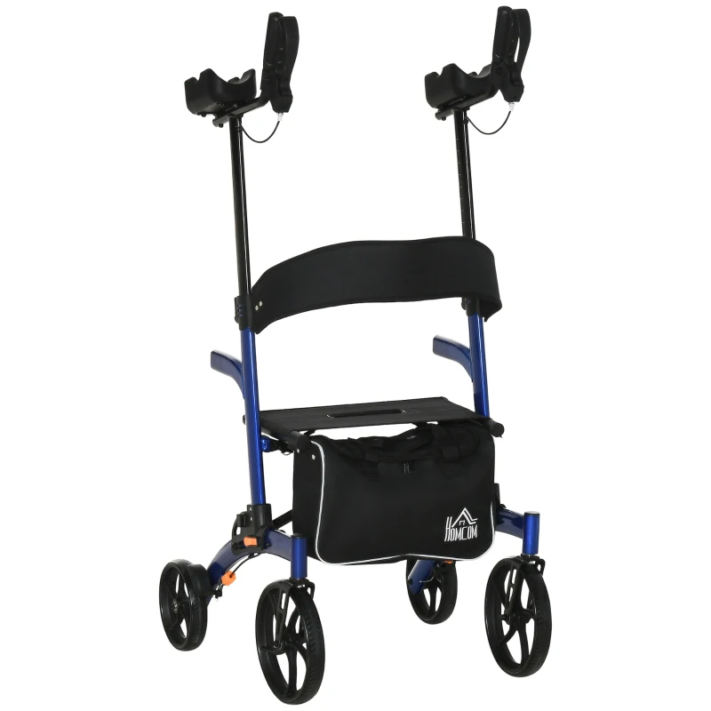 HOMCOM Aluminum Upright Walker with 10'' Wheels, Seat and Backrest, Folding Rollator Walker with Storage Bag, Blue