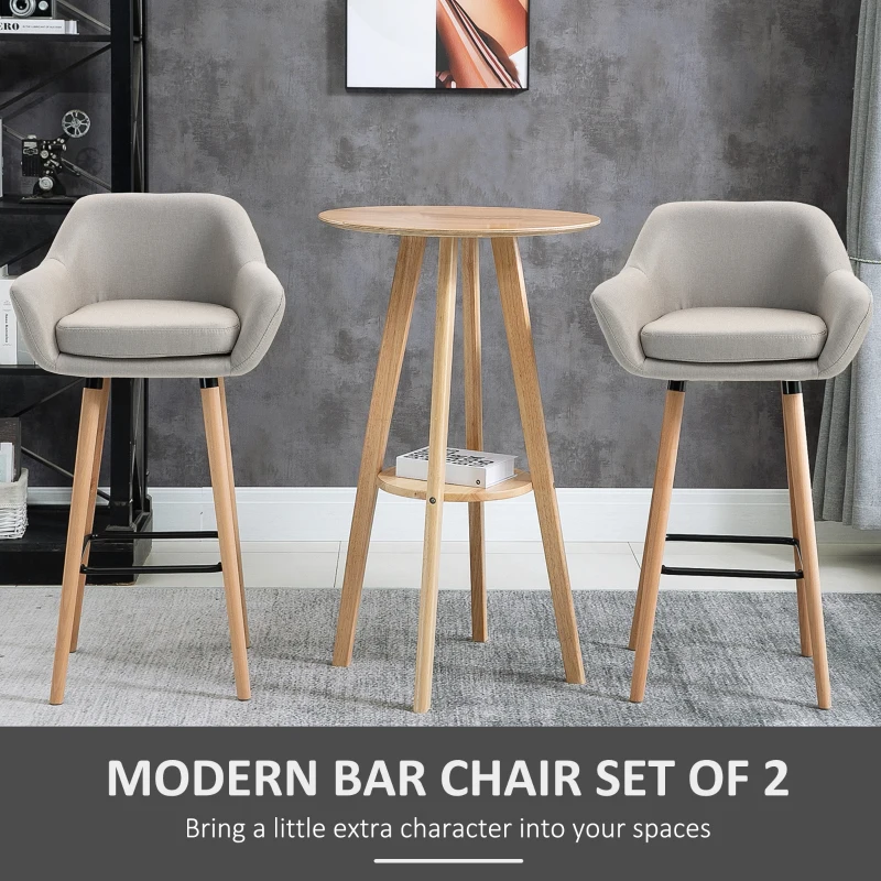 HOMCOM Modern Bar Stools Set of 2, 31.5" Barstools with Linen Fabric and Solid Wood Legs, Backrest and Footrest, Dining Room Kitchen Counter, Beige