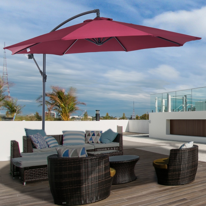 Outsunny Φ10' Deluxe Patio Umbrella Outdoor Market Parasol Banana Hanging Offset Sunshade Crank Cross Base, Wine Red